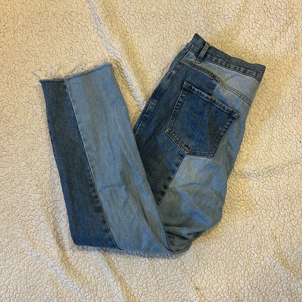 two tone, straight leg, high-rise jeans
